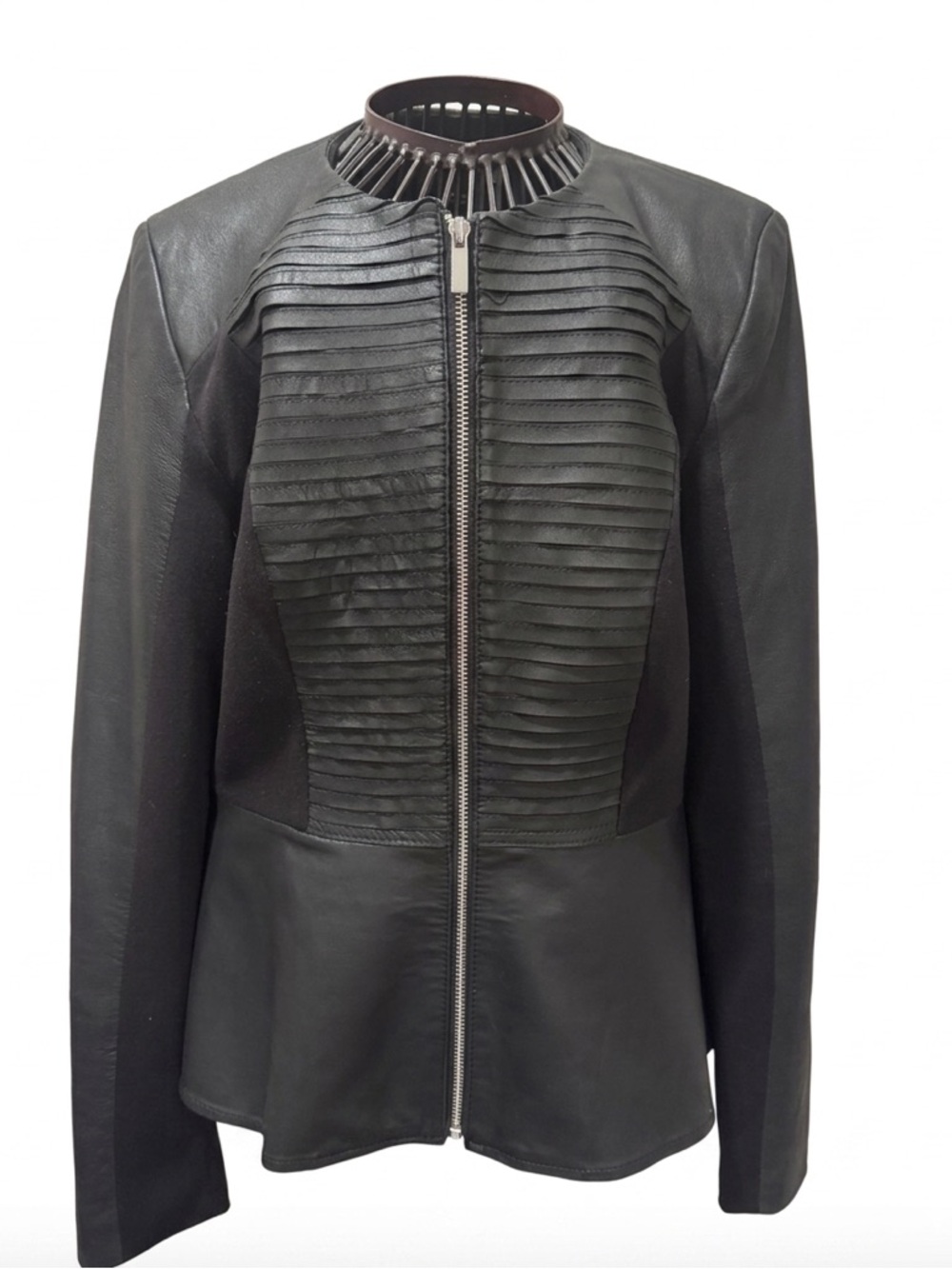 Bagatelle - Black Leather - Moto Jacket - Peplum - Zip - Mixed Media- M